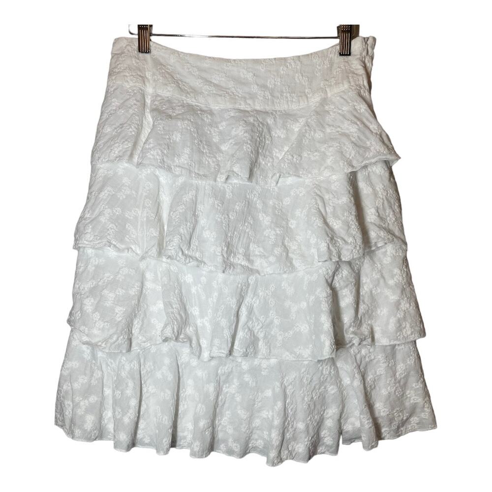 WD.NY White Tiered Floral Embroidered Skirt 8 Knee Length
